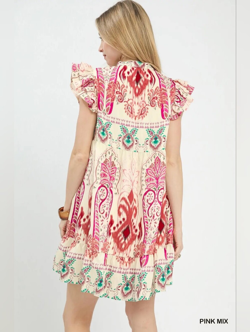 Umgee Mix Ruffle Sleeve Boho Print Dress - Picture 2 of 7